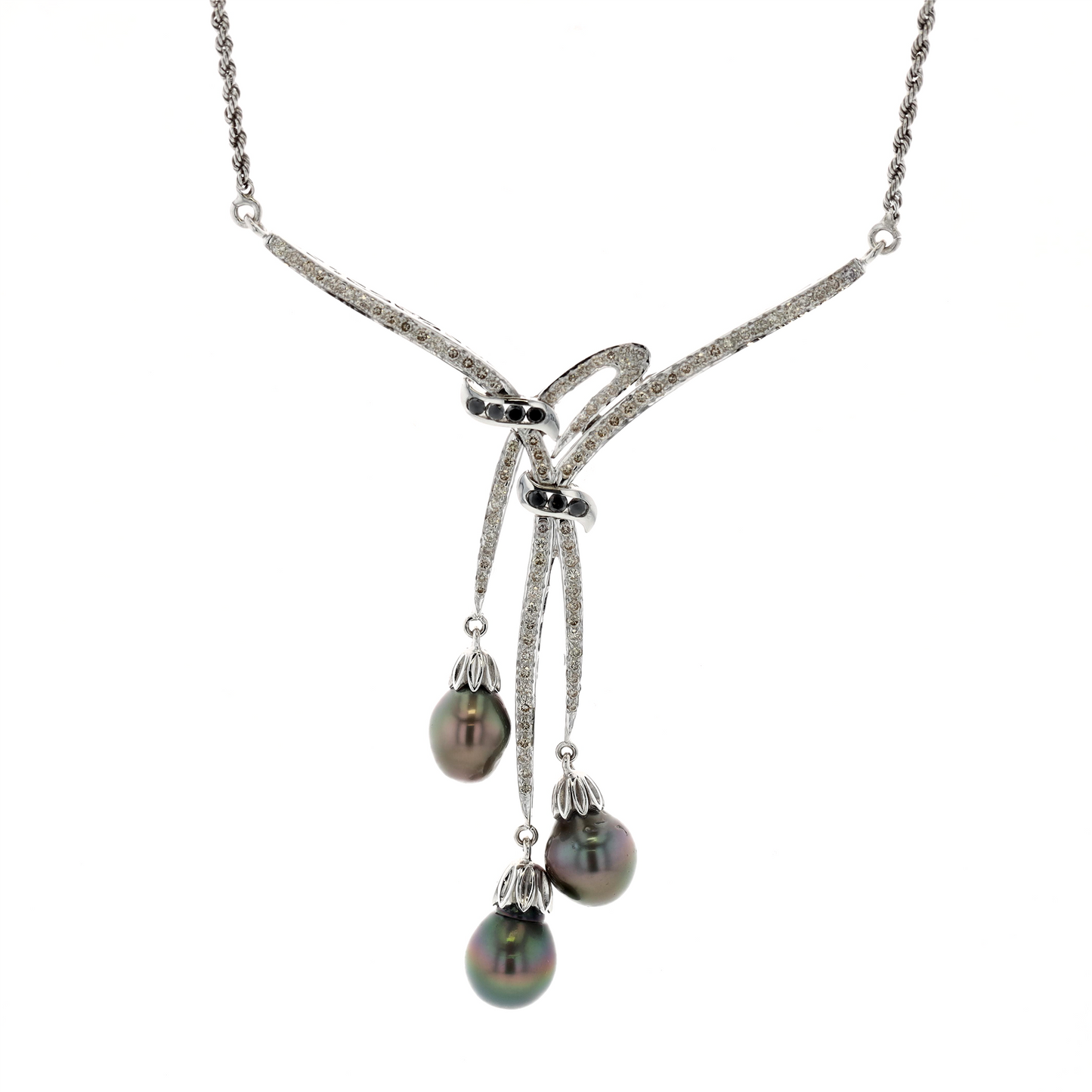 18KT White Gold Tahitian Pearl and 1.79ctw Diamond Estate Necklace