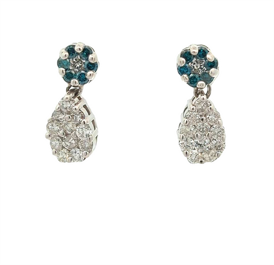 14KT White Gold 1.53ctw Blue and White Diamond Estate Drop Earrings