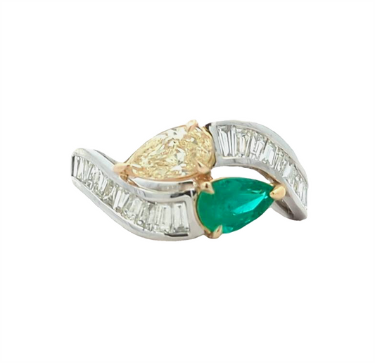 14KT Yellow Gold and Platinum Natural Emerald and 1.23ctw Diamond Estate Ring