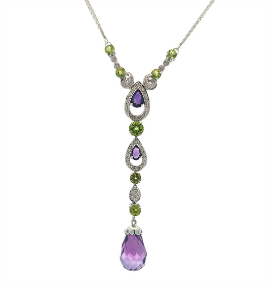 18KT White Gold Natural Amethyst, Peridot and 0.24ctw Diamond 18" Estate Necklace