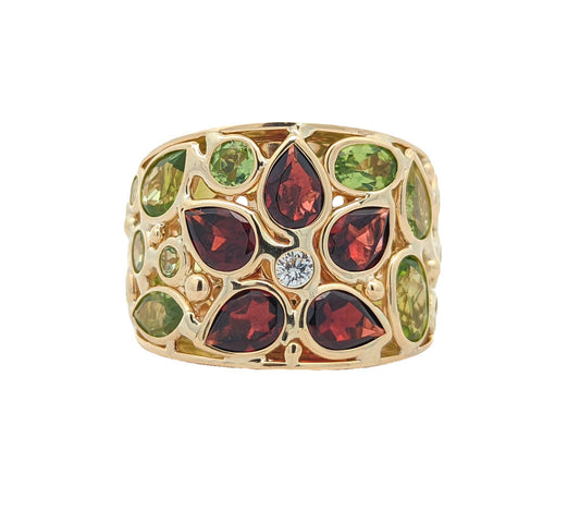 14KT Yellow Gold Natural Peridot, Almandite Garnet and 0.10ctw Diamond Estate Ring