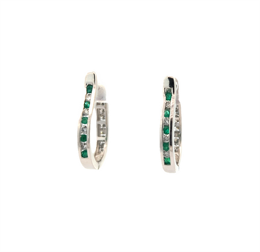 14KT White Gold Natural Emerald and 0.49ctw Diamond Estate Hoop Earrings