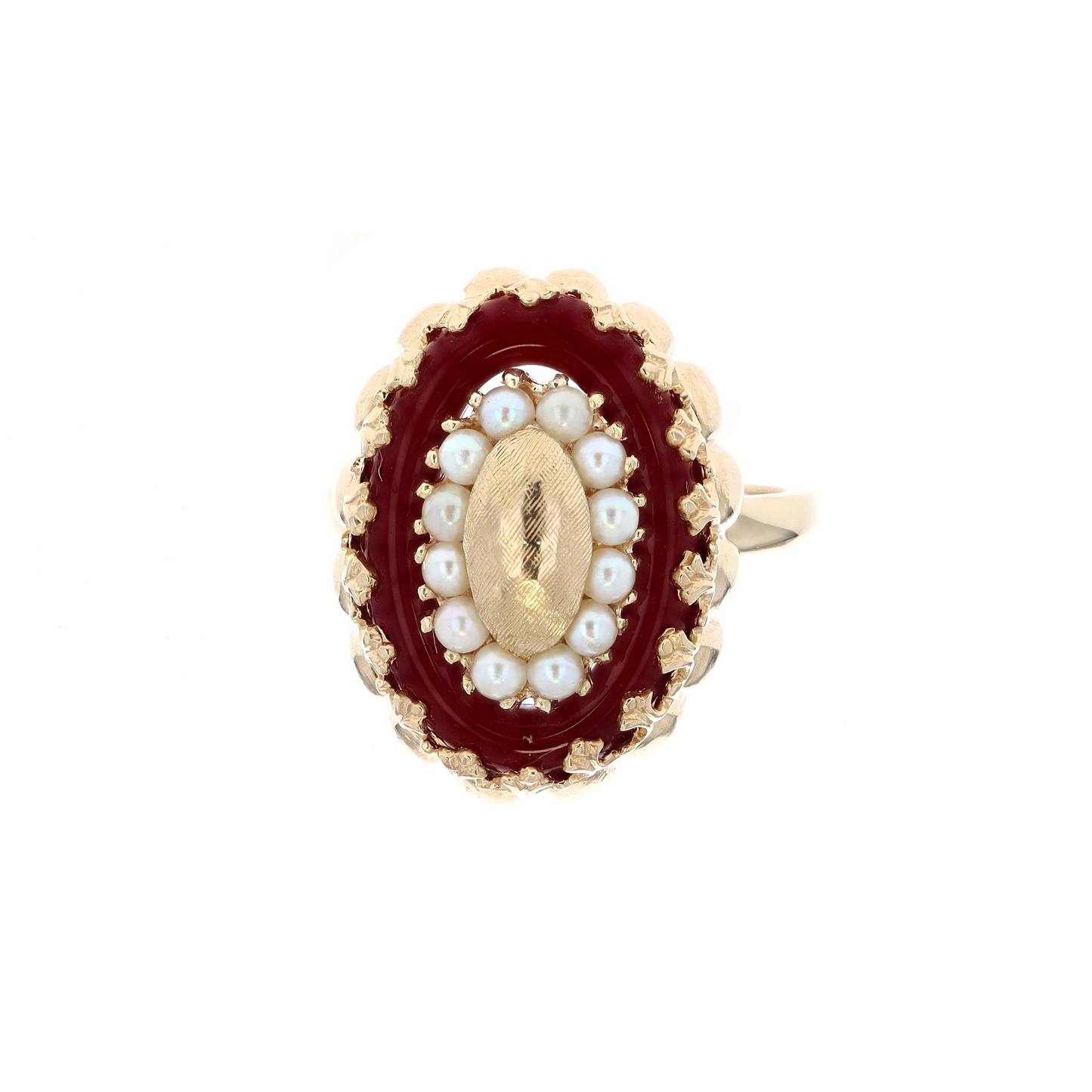 14KT Yellow Gold Cultured Pearl and Natural Red Coral Estate Ring