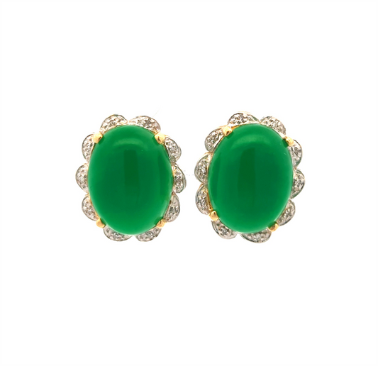 14KT Yellow with Rhodium Plating Jadeite and 0.08ctw Diamond Estate Earrings