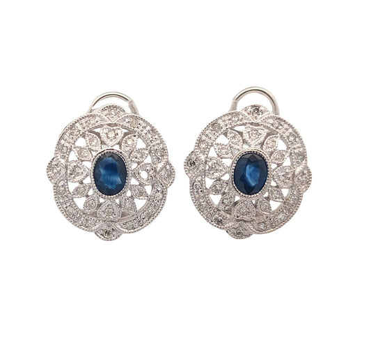 14KT White Gold Natural Blue Sapphire and 0.25ctw Diamond Estate Earrings