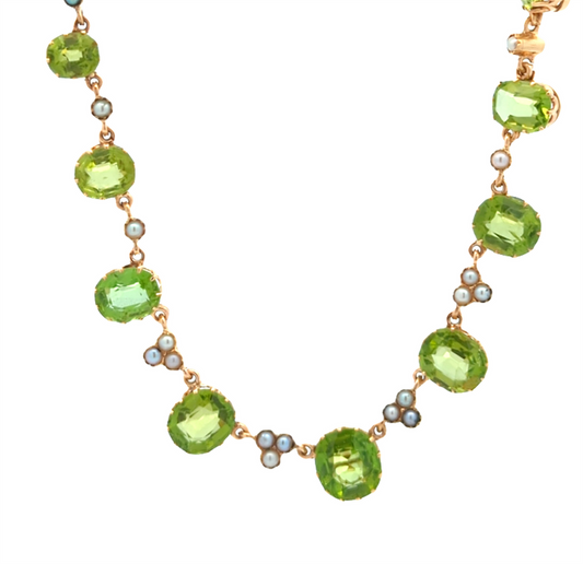 14KT Yellow Gold Natural Peridot and Mabe Pearl Graduated Estate Necklace