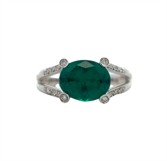 18KT White Gold Synthetic Emerald and 0.15ctw Diamond Estate Ring