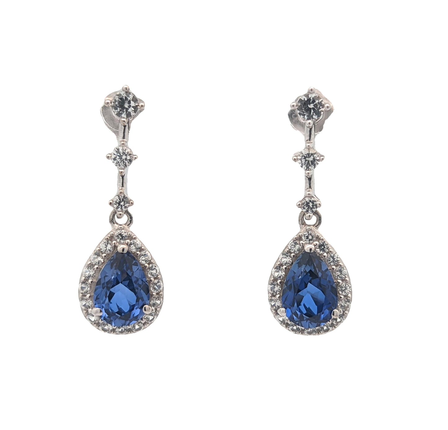 10KT White Gold Synthetic Sapphire and CZ Estate Drop Earrings