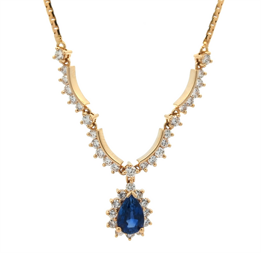 14KT Yellow Gold Natural Blue Sapphire and 1.25ctw Diamond Estate 18" Necklace