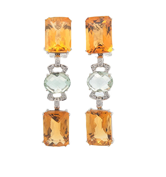 18KT White Gold Natural Citrine, Greened Amethyst and 0.03ctw Diamond Estate Earrings