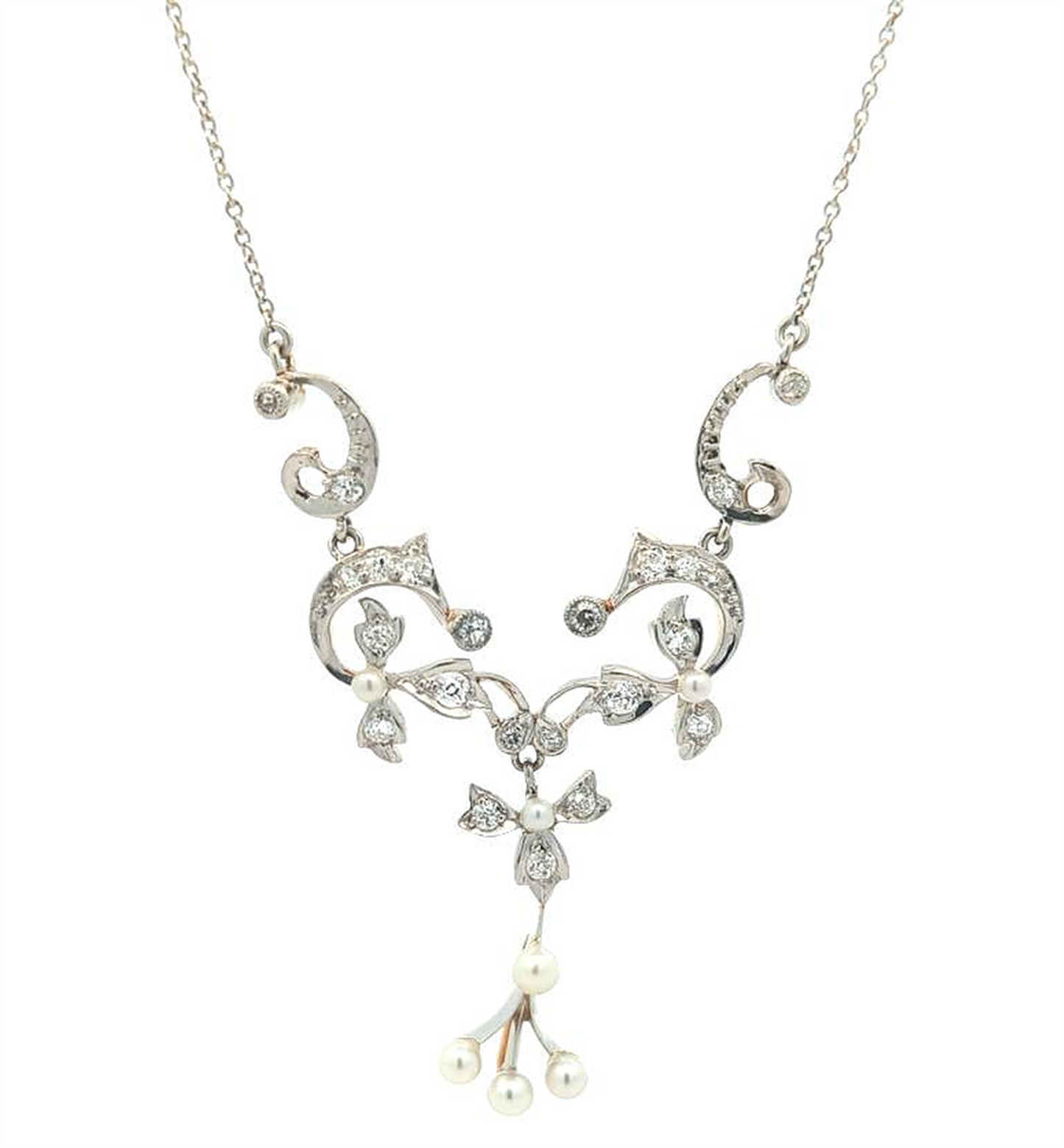 Platinum and 14KT Yellow Gold Akoya Pearl and 0.76ctw Diamond Estate Floral Necklace