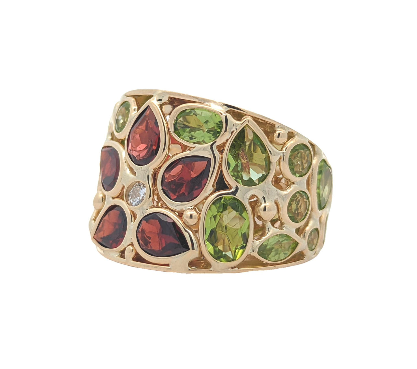 14KT Yellow Gold Natural Peridot, Almandite Garnet and 0.10ctw Diamond Estate Ring