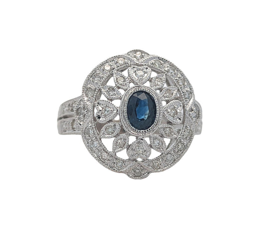 14KT White Gold Natural Blue Sapphire and 0.21ctw Diamond Estate Ring