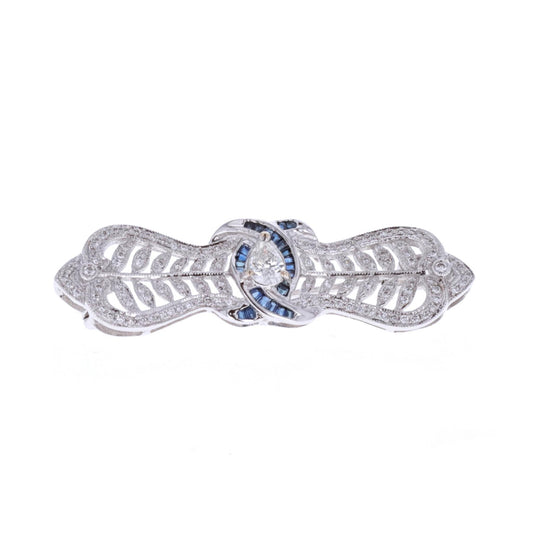 18KT White Gold 0.99ctw Diamond and Sapphire Estate Brooch