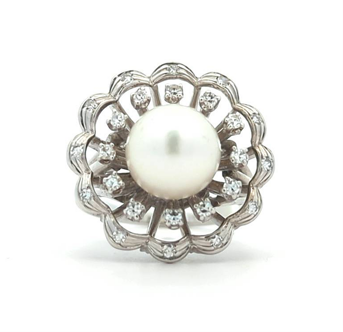 14KT White Gold Akoya Cultured Pearl Diamond Estate Cocktail Ring