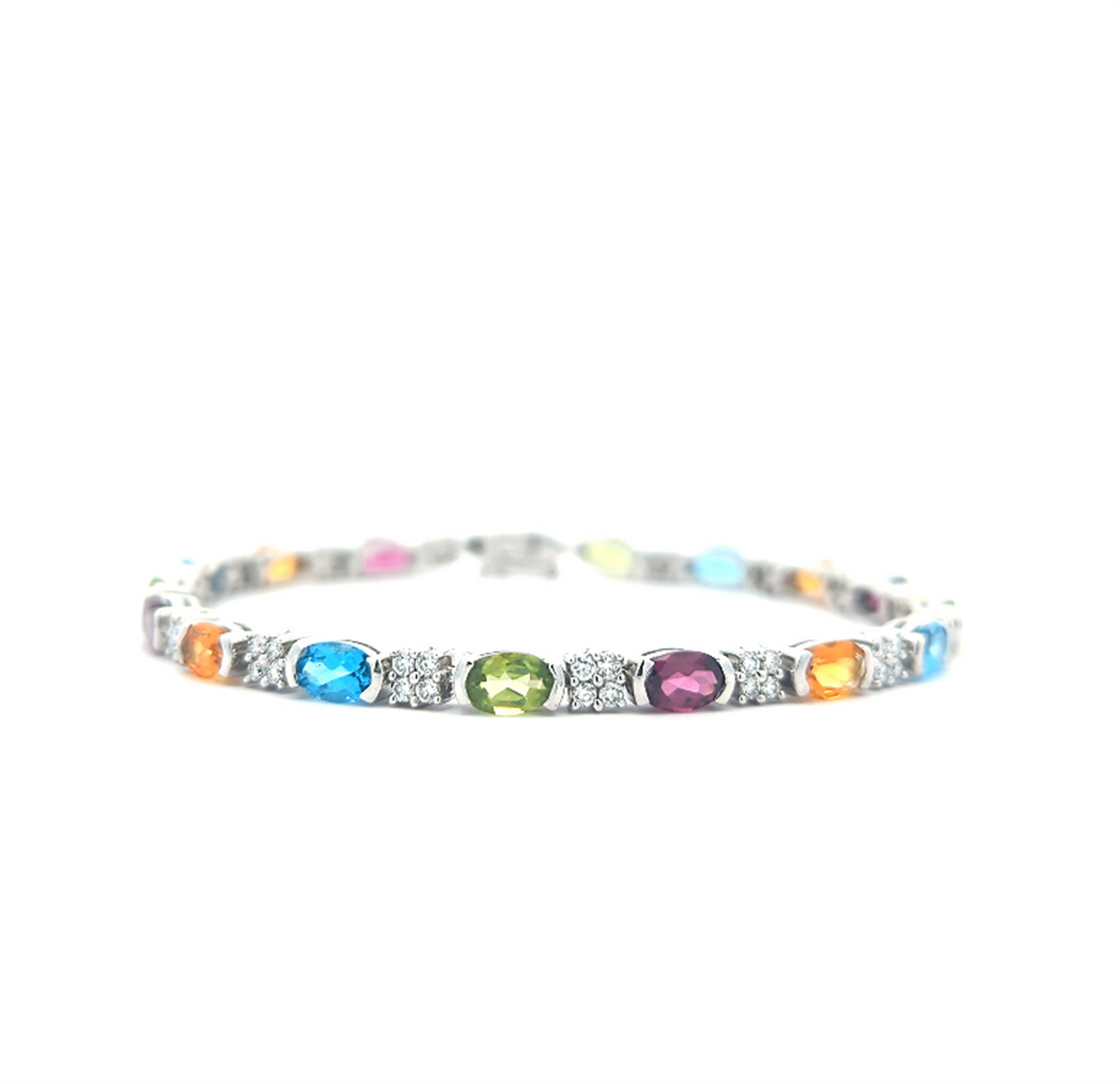 14KT White Gold Natural Peridot, Blue Topaz, Citrine Quartz, Amethyst, and 1.01ctw Diamond 7.5" Estate Bracelet