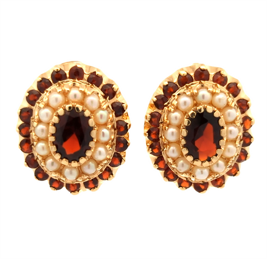 14KT Yellow Gold Natural Almandite Garnet and Pearl Estate Stud Earrings